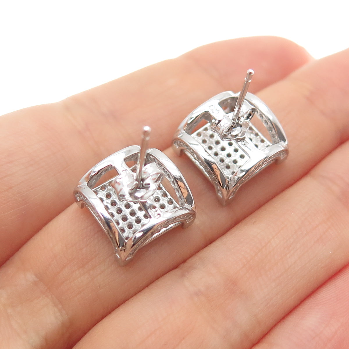 925 Sterling Silver Round-Cut C Z Arch Square Stud Earrings