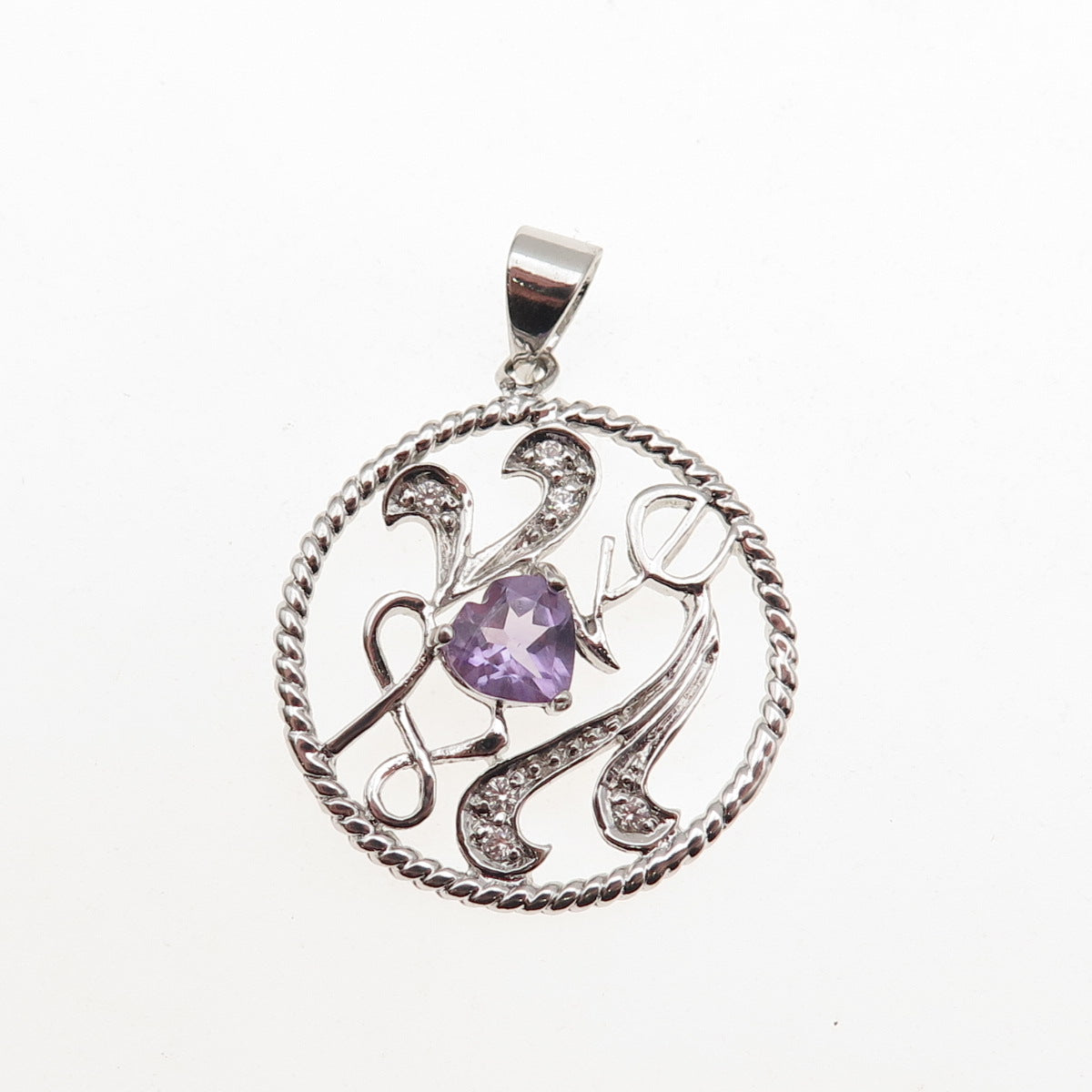 925 Sterling Silver Real Heart-Cut Amethyst & Round-Cut C Z Love Charm Pendant