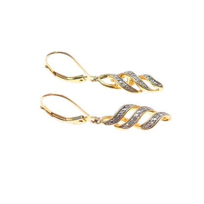 SUN 925 Sterling Silver Gold Plated Real Diamond Twisted Dangle Earrings