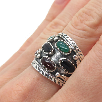 925 Sterling Silver Vintage Real Black & Green Onyx Carnelian Ring Size 9.25