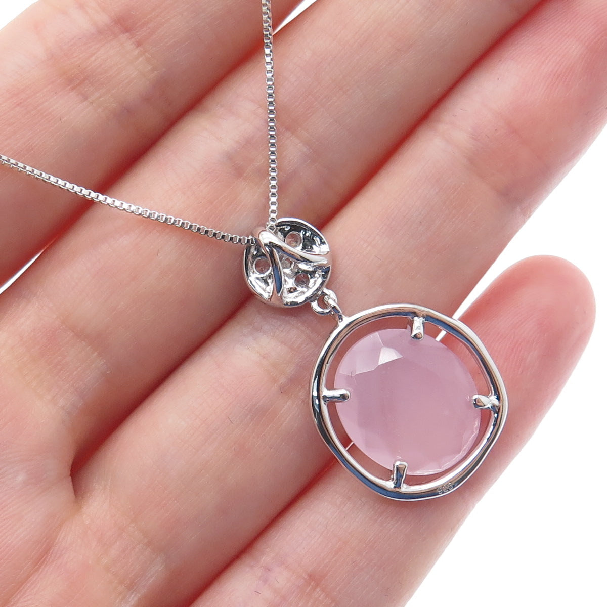 925 Sterling Silver Real Rose Quartz & C Z Box Chain Necklace 18"