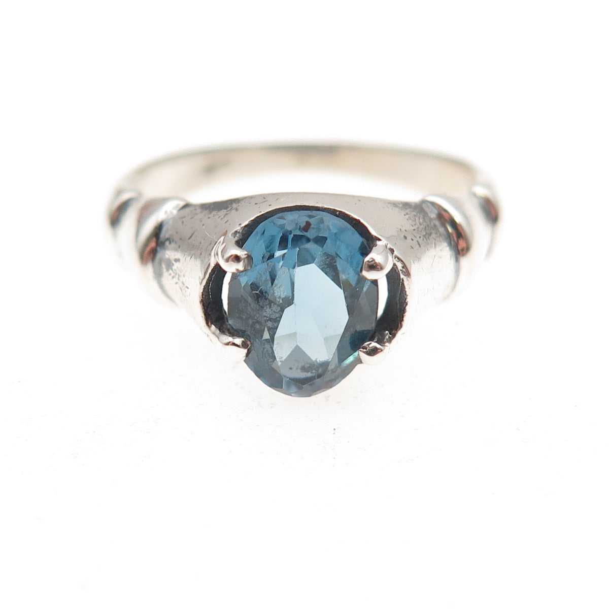 925 Sterling Silver Vintage Real London Blue Topaz Modernist Ring Size 5.75