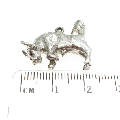 925 Sterling Silver Antique Art Deco Red Rhinestone Bull Minimalist 3D Pendant