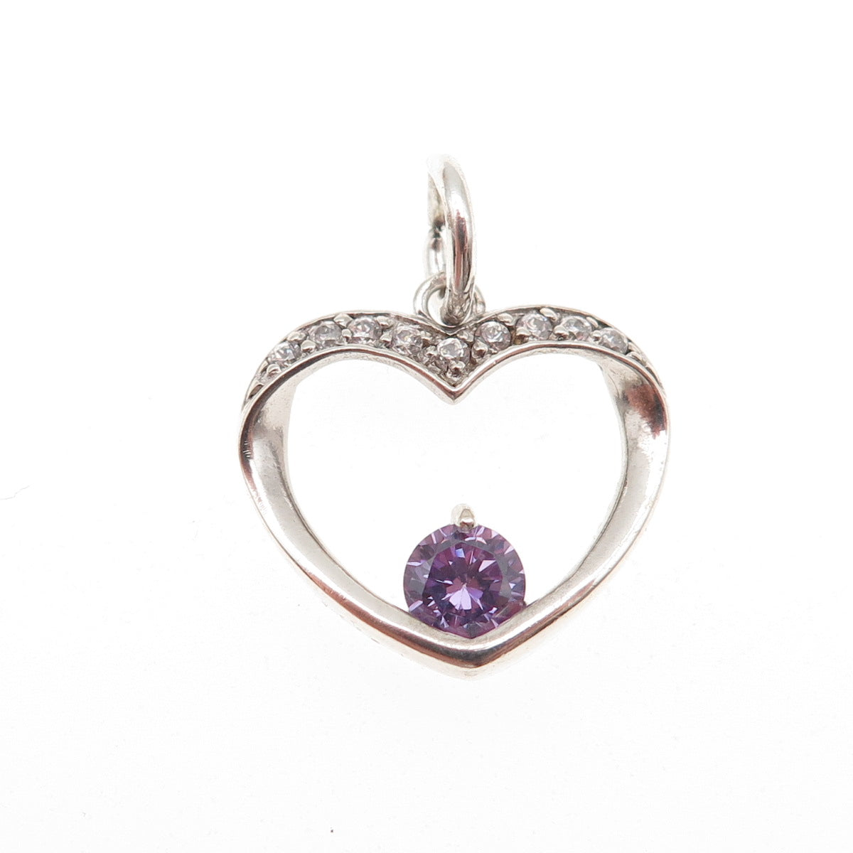 925 Sterling Silver Round-Cut Purple & White C Z Heart Mini Charm Pendant