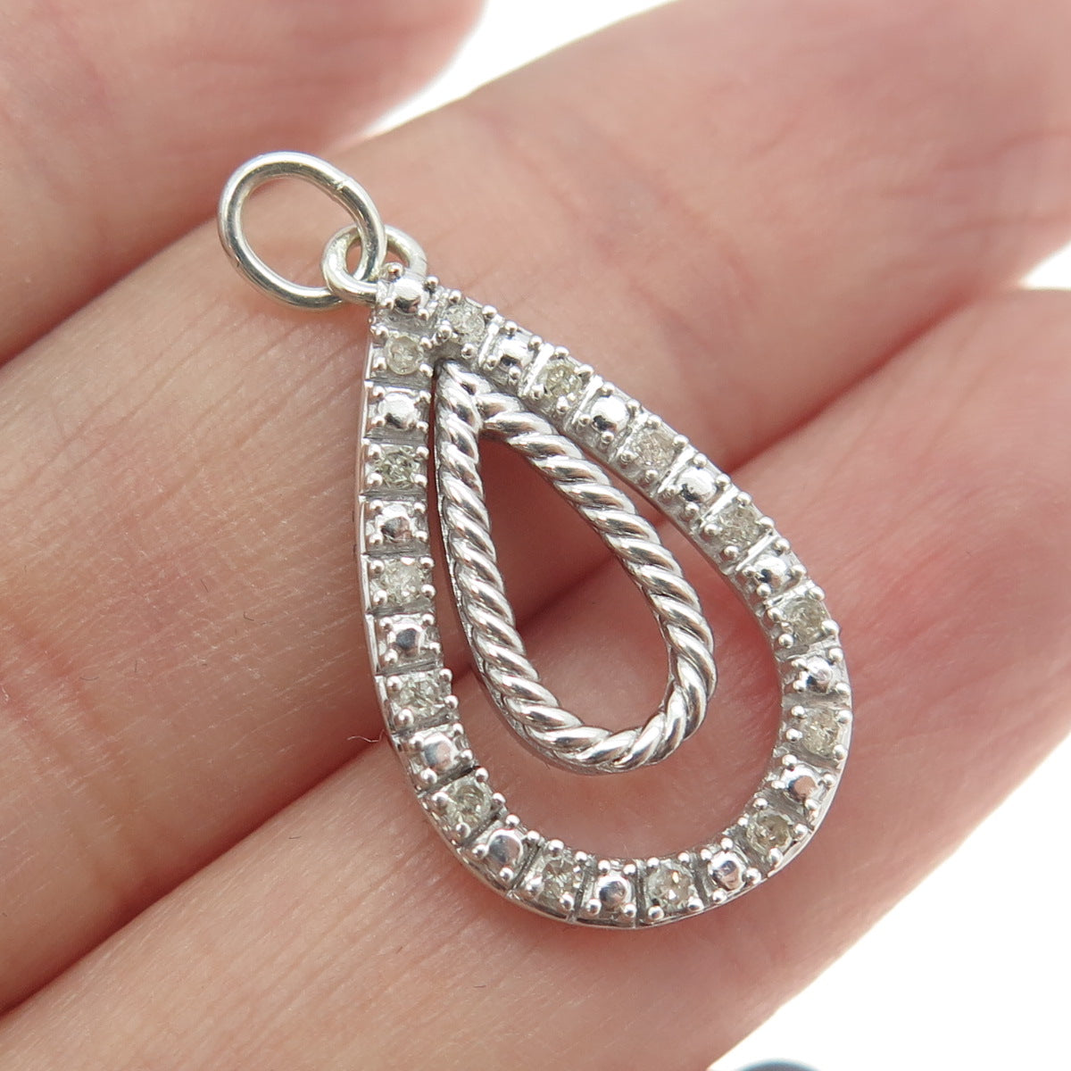 925 Sterling Silver Real Round-Cut Diamond Teardrop Pendant