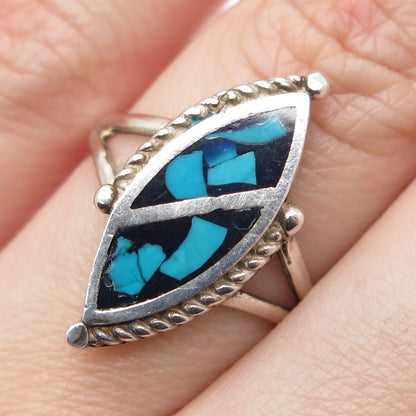 925 Sterling Silver Vintage Southwestern Turquoise Inlay Oxidized Ring Size 7.5