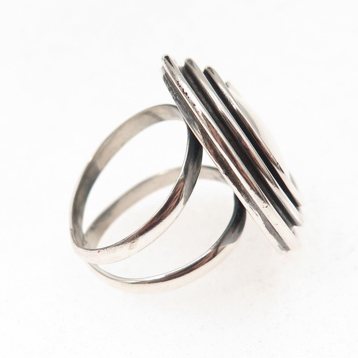 950 Silver Vintage Modernist Spiral Disc Oxidized Ring Size 8