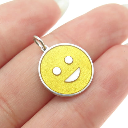 925 Sterling Silver Yellow Enamel Smiling Face Emoji Minimalist Charm Pendant