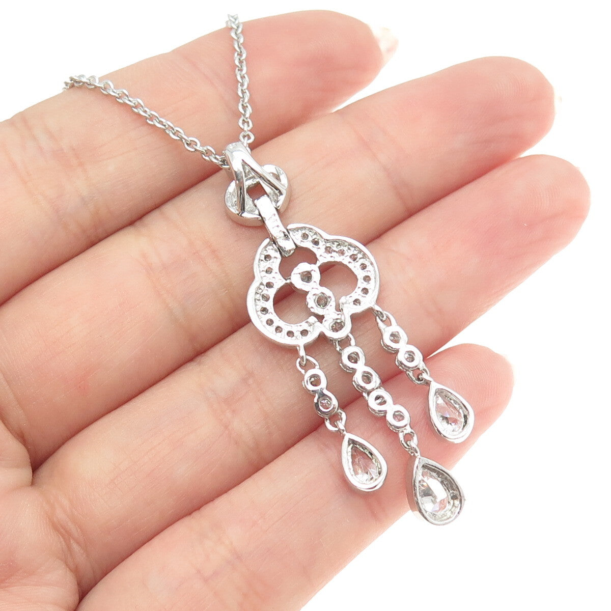925 Sterling Silver Pear & Round-Cut C Z Chandelier Cable Chain Necklace 15"
