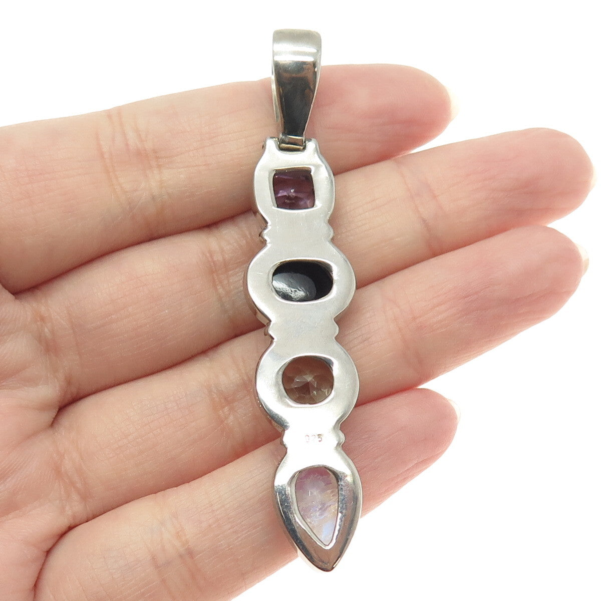925 Sterling Silver Vintage Real Green Purple Amethyst Iolite Moonstone Pendant