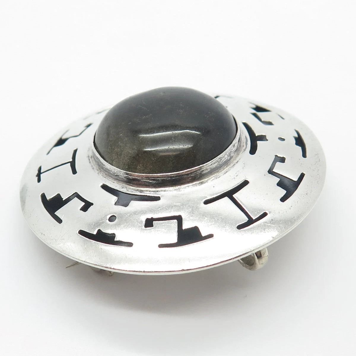 925 Sterling Silver Vintage Mexico JLP Real Obsidian Gem Pin Brooch / Pendant