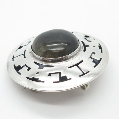 925 Sterling Silver Vintage Mexico JLP Real Obsidian Gem Pin Brooch / Pendant