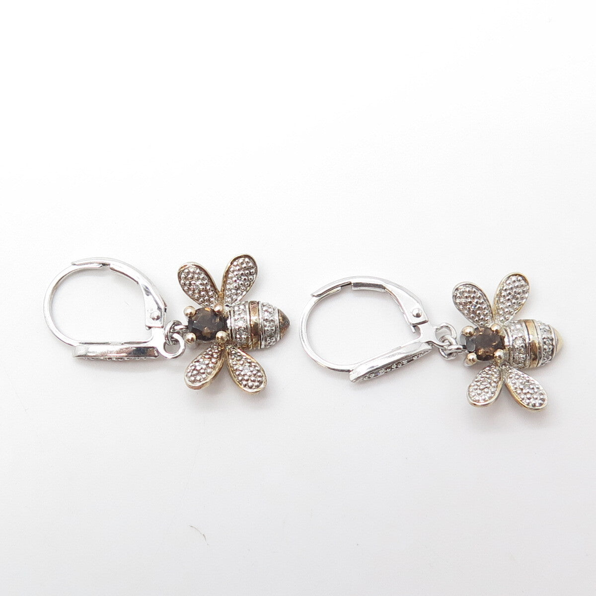 925 Sterling Silver Gold Plated White Diamond & Smoky Quartz Bee Drop Earrings