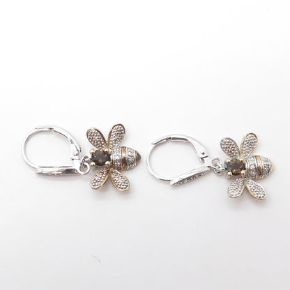925 Sterling Silver Gold Plated White Diamond & Smoky Quartz Bee Drop Earrings