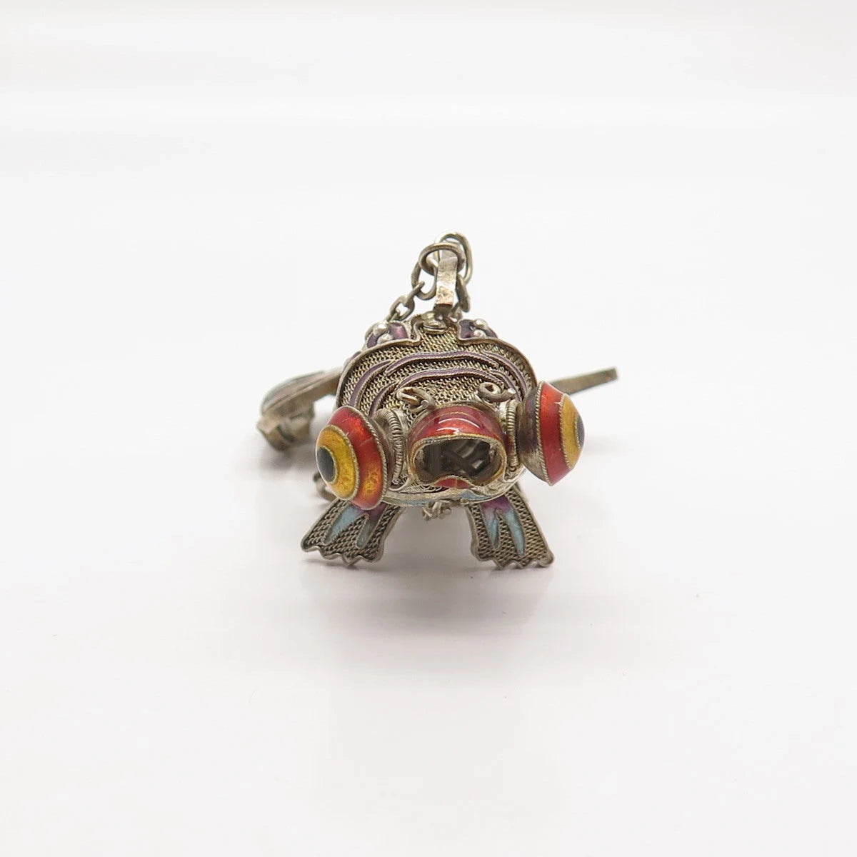 925 Sterling Silver Antique Enamel Chinese Koi Fish Chatelaine Pendant / Fob