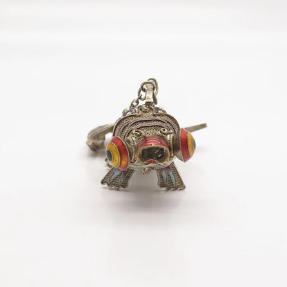 925 Sterling Silver Antique Enamel Chinese Koi Fish Chatelaine Pendant / Fob