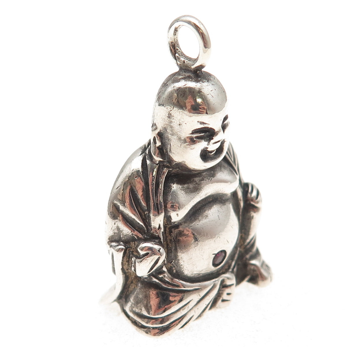 925 Sterling Silver Vintage Real Ruby Laughing Buddha Oxidized 3D Pendant