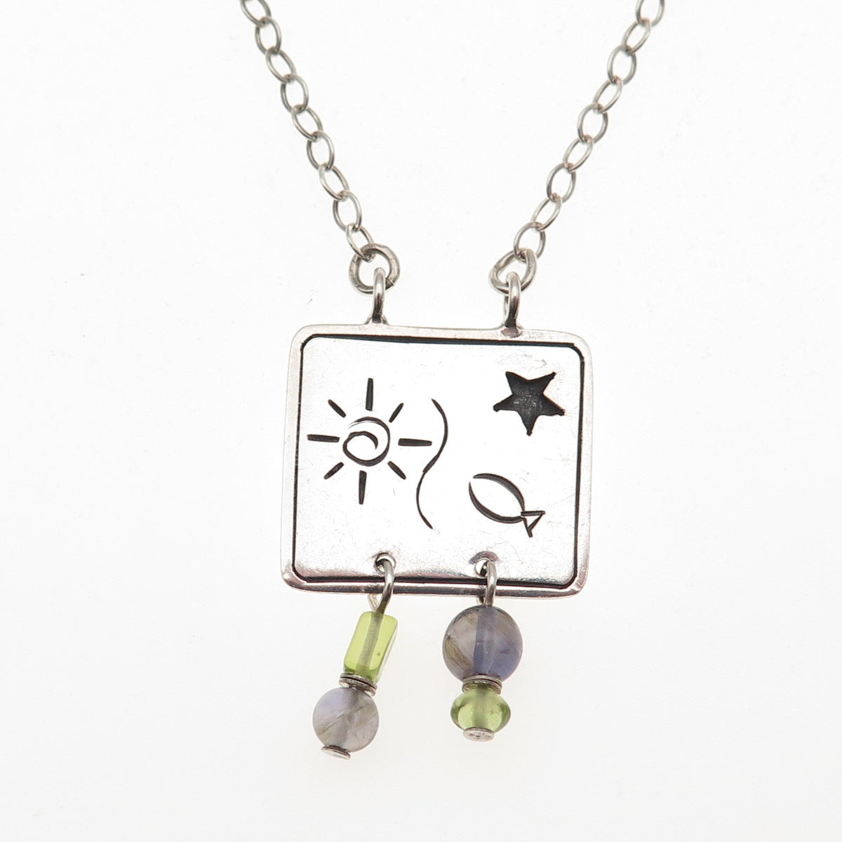 925 Sterling Silver Vintage Real Iolite Peridot Sun Fish Star Chain Necklace 18"