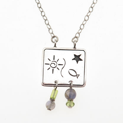 925 Sterling Silver Vintage Real Iolite Peridot Sun Fish Star Chain Necklace 18"