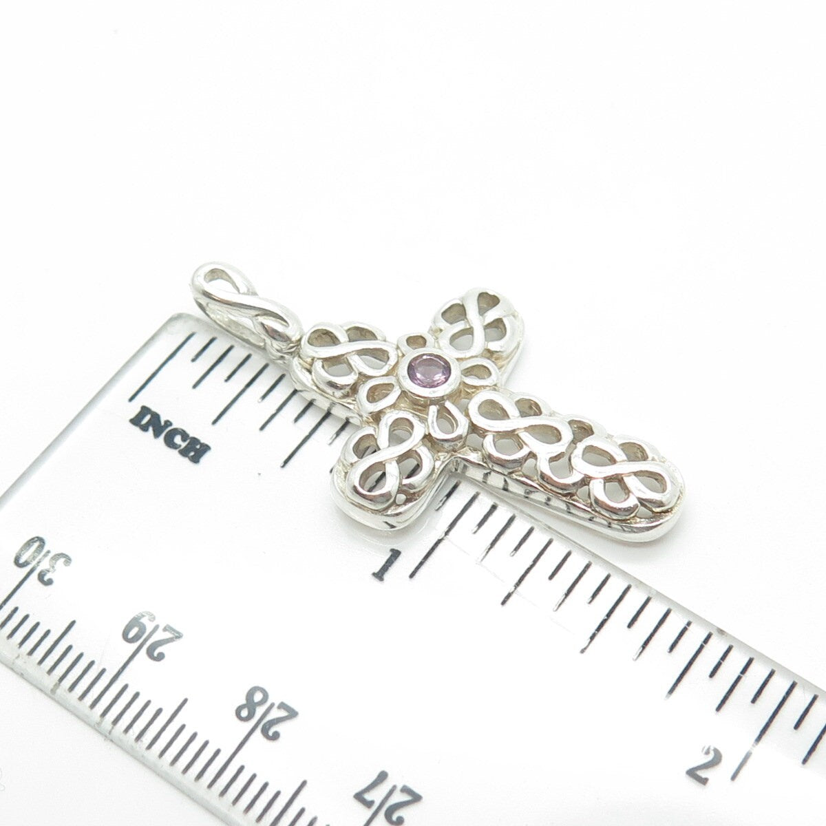 925 Sterling Silver Vintage Real Amethyst Gemstone Ornate Cross Pendant