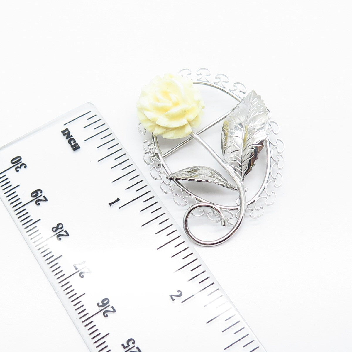 925 Sterling Silver Vintage BEAU Real Shell Rose Floral Pin Brooch