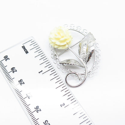 925 Sterling Silver Vintage BEAU Real Shell Rose Floral Pin Brooch