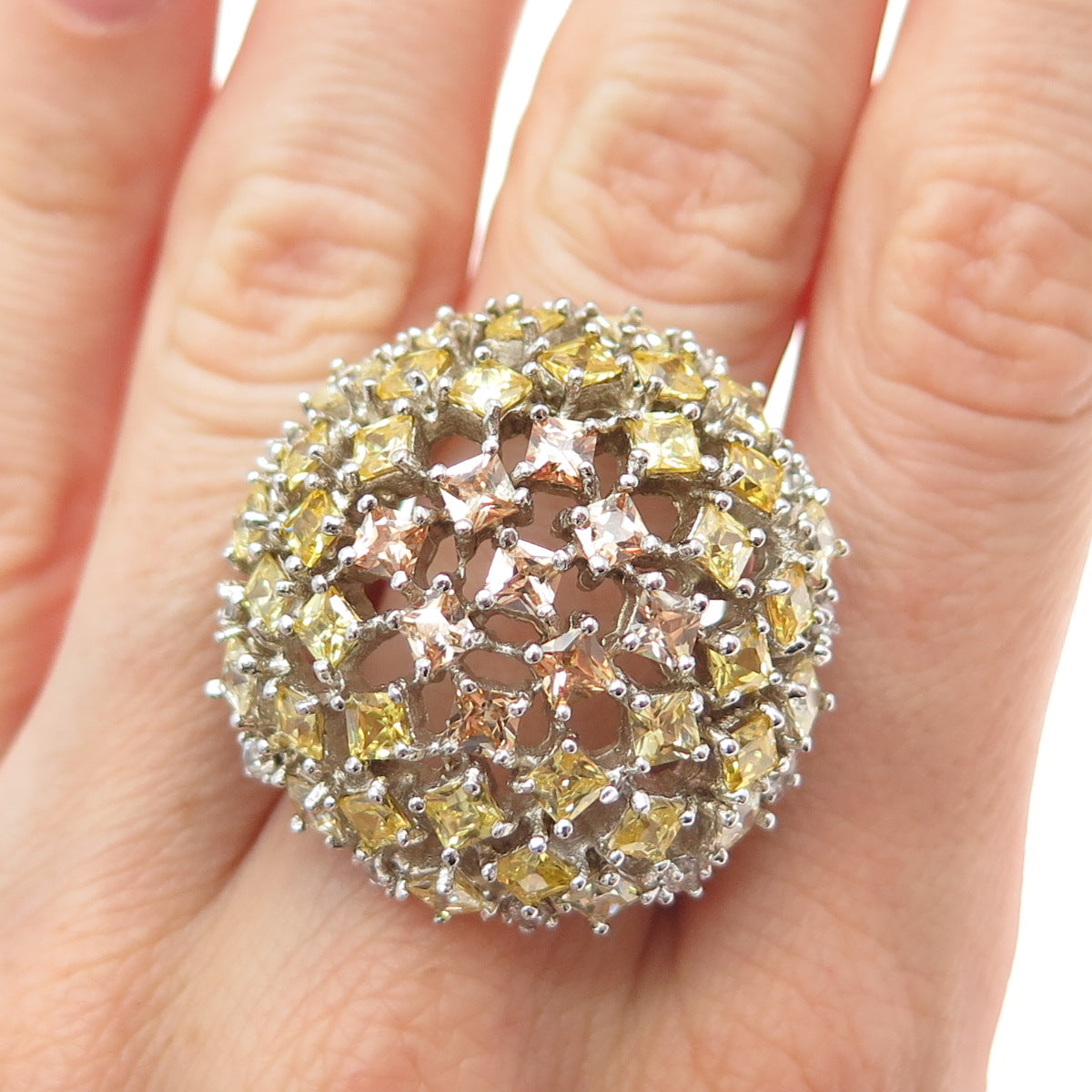 925 Sterling Silver Princess-Cut Champagne & Canary C Z Dome Ring Size 7.25