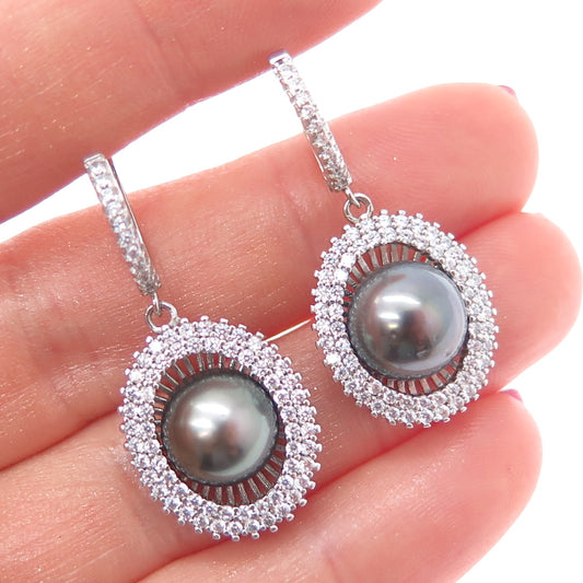 925 Sterling Silver Real Tahitian Pearl & C Z Dangle Earrings