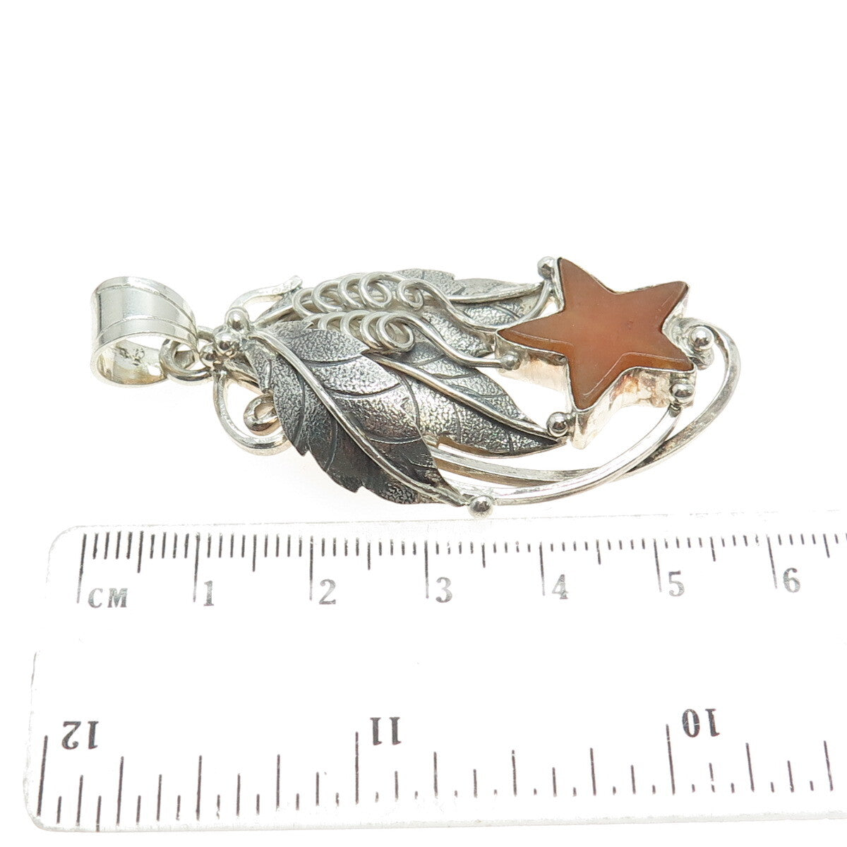 925 Sterling Silver Vintage Real Carnelian Agate Gemstone Star Leaf Pendant