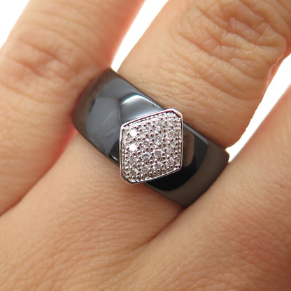 925 Sterling Silver & Ceramic Real Round-Cut Diamond Band Ring Size 6.25