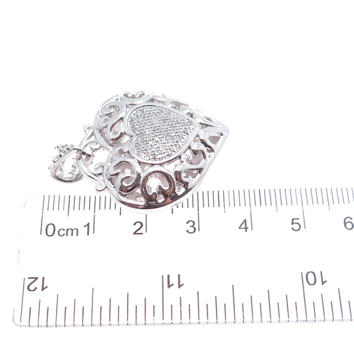 925 Sterling Silver Real Round-Cut Diamond Swirl Heart Charm Pendant