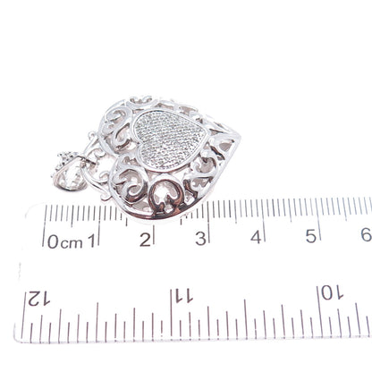 925 Sterling Silver Real Round-Cut Diamond Swirl Heart Charm Pendant