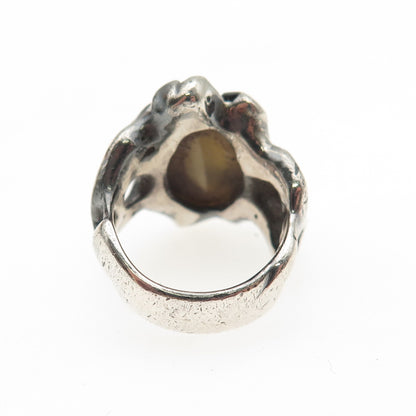 925 Sterling Silver Vintage Real Tiger Eye Modernist Oxidized Ring Size 3