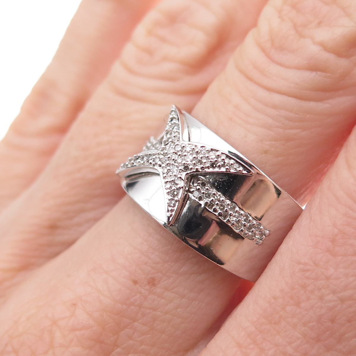 925 Sterling Silver Mexico Real Round-Cut Diamond Starburst Ring Size 7.25