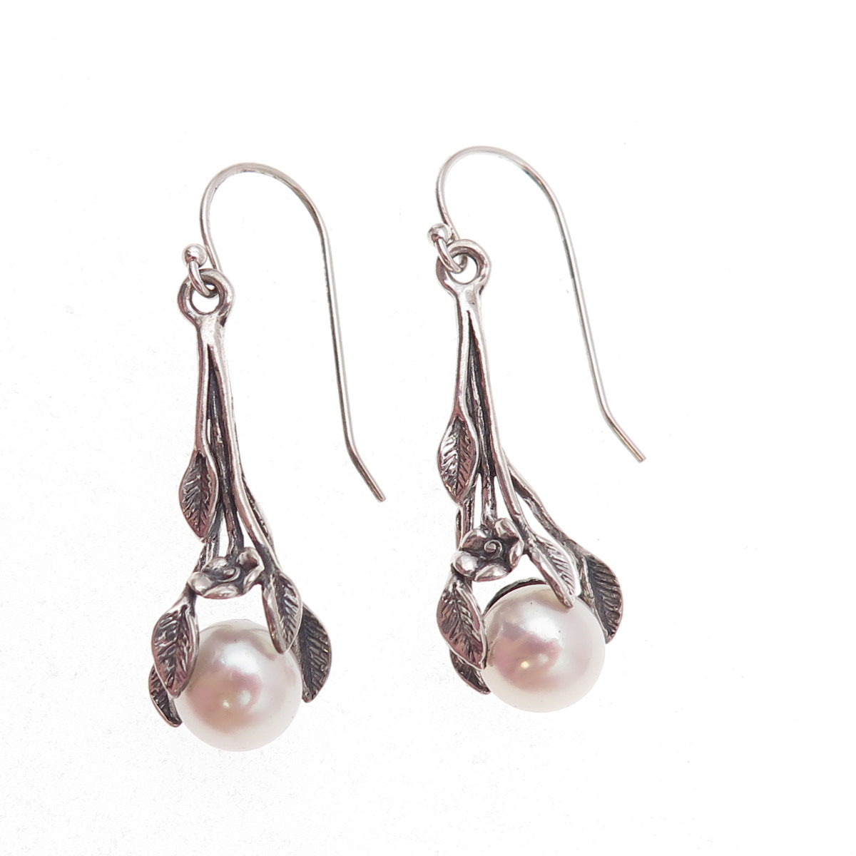 925 Sterling Silver Vintage Israel Real Pearl Floral Oxidized Dangle Earrings
