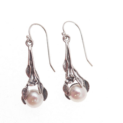 925 Sterling Silver Vintage Israel Real Pearl Floral Oxidized Dangle Earrings