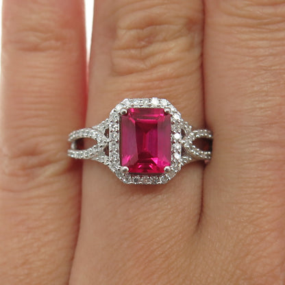 SAI 925 Sterling Silver Real Diamond & Lab-Created Ruby Ring Size 6.75