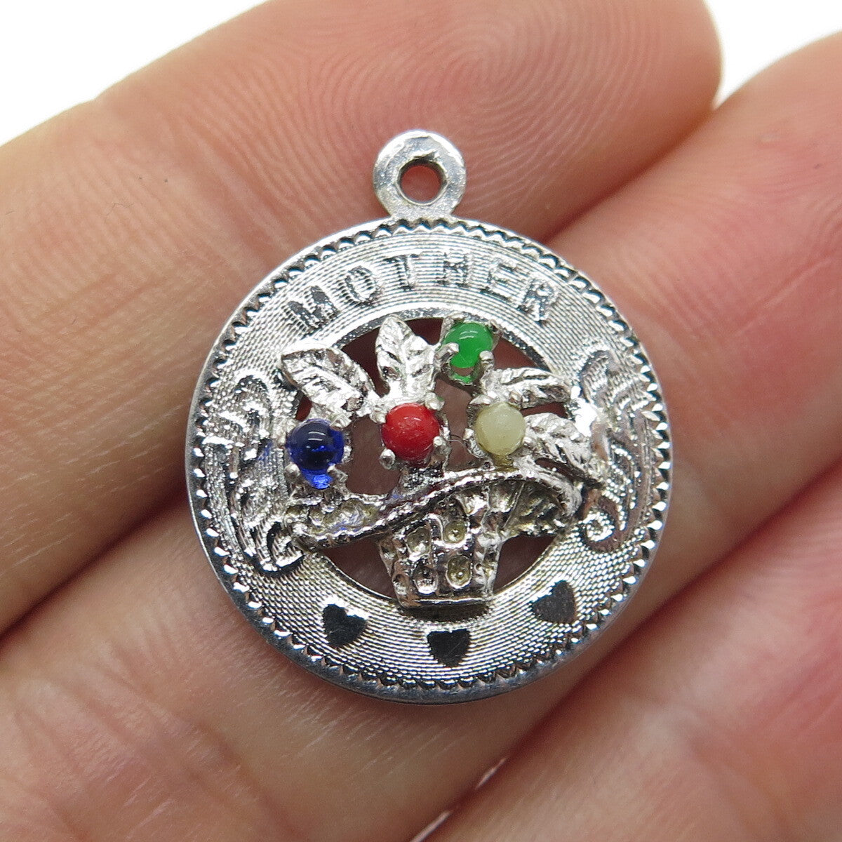 925 Sterling Silver Vintage M&M Multi-Glass "Mother" Round Tag Charm Pendant