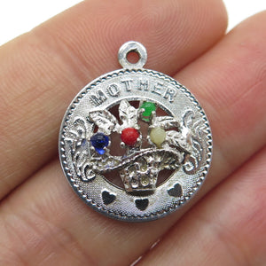 925 Sterling Silver Vintage M&M Multi-Glass "Mother" Round Tag Charm Pendant