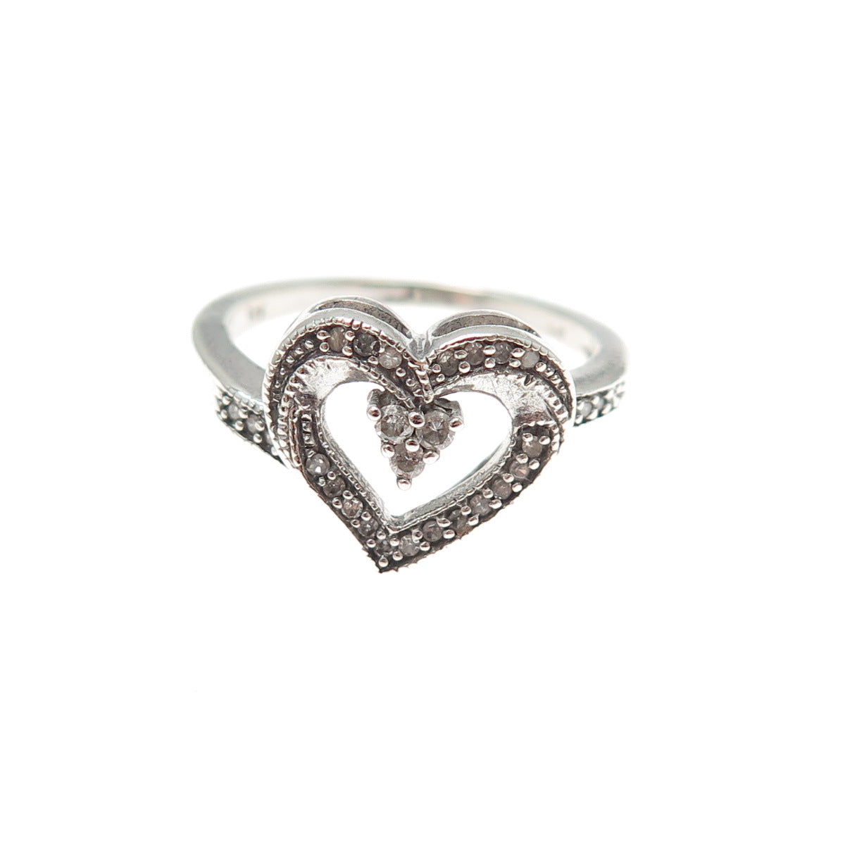 CHARLES WINSTON 925 Sterling Silver Real Round-Cut Diamond Heart Ring Size 7.25