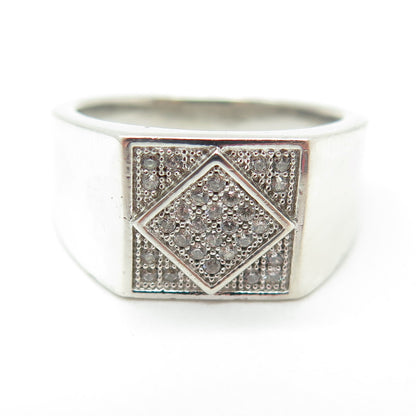 REL 925 Sterling Silver Round-Cut Shaped C Z Signet Ring Size 8.25