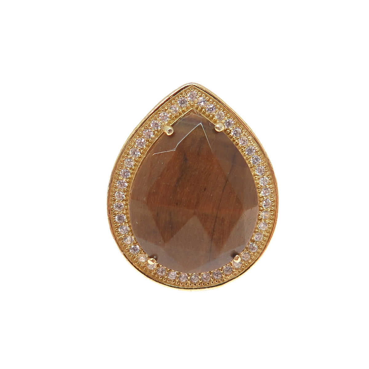 925 Sterling Silver Gold Plated Real Tiger Eye & C Z Teardrop Ring Size 6.5