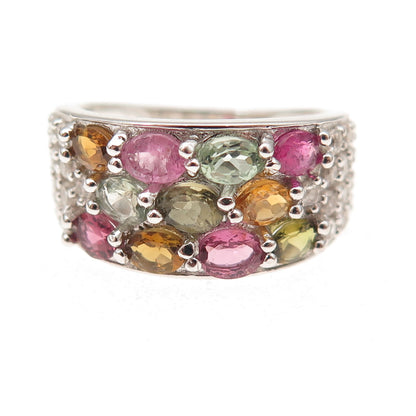 925 Sterling Silver Real Multi-Color Tourmaline & White Topaz Ring Size 7.25