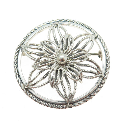 BEAU 925 Sterling Silver Antique Art Deco Flower Round Pin Brooch