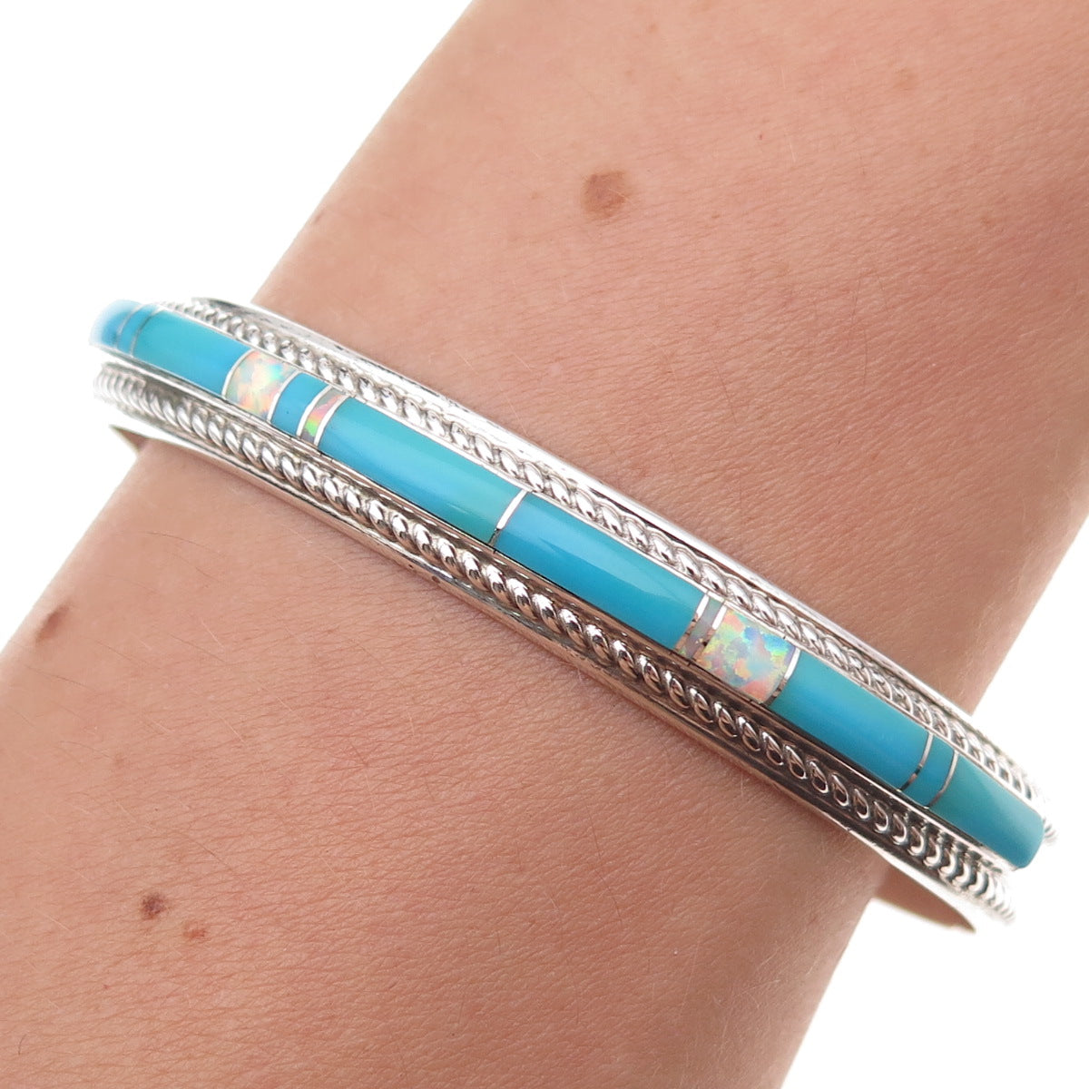Thomas Fransisco Navajo Old Pawn Sterling Vintage Turquoise & Opal Bracelet 6.5"
