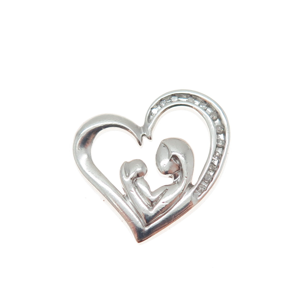 925 Sterling Silver Real Diamond Mom & Child Heart Minimalist Slide Pendant
