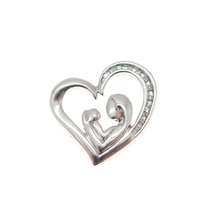 925 Sterling Silver Real Diamond Mom & Child Heart Minimalist Slide Pendant