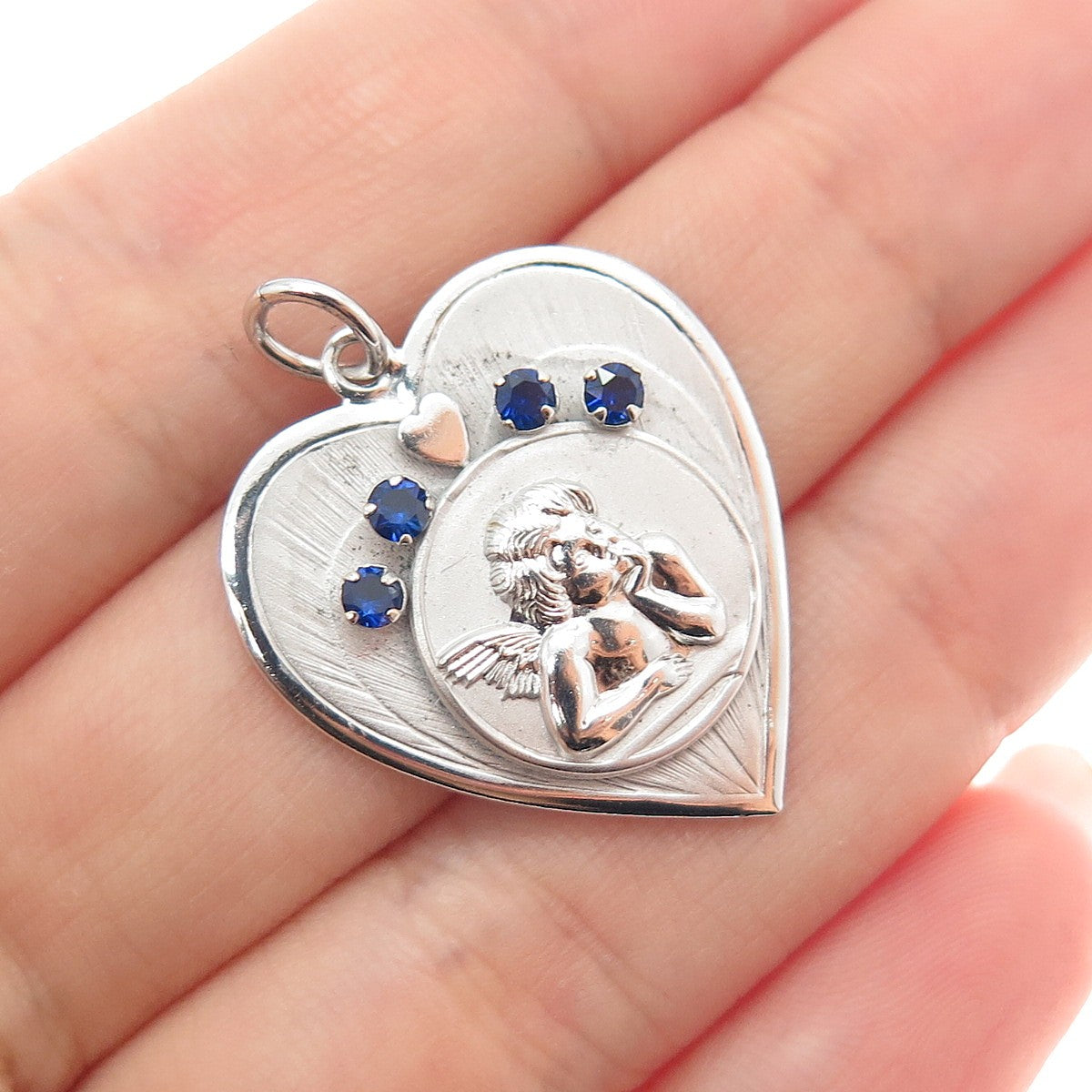 RICHARDSON KING CO. Sterling Silver Vintage Real Sapphire Cherub Heart Pendant