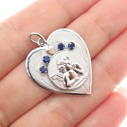 RICHARDSON KING CO. Sterling Silver Vintage Real Sapphire Cherub Heart Pendant