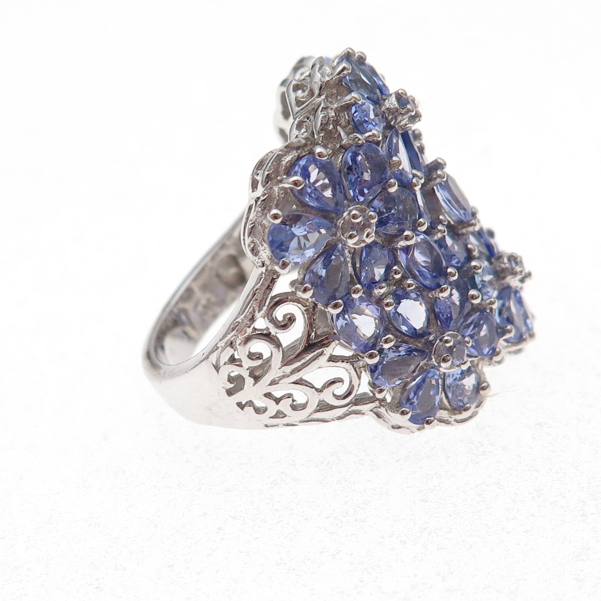 Chuck Clemency 925 Sterling Silver Real Tanzanite Floral Ring Size 8